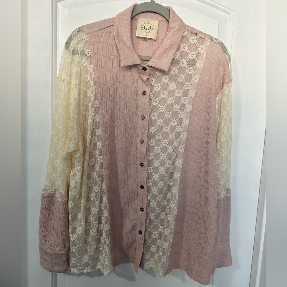 Pink and Cream Lace Button-Up Blouse